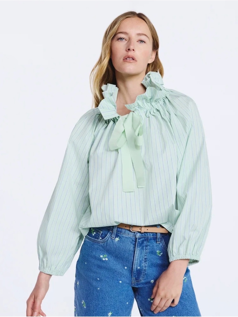 Ruffled Tie-Neck Stripe Blouse in Mint